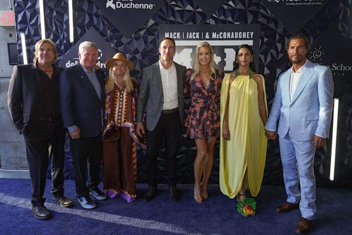 Jack Ingram, Mack Brown, Sally Brown, Drew Brees, Brittany Brees, Camila Alves McConaughey, and Matthew McConaughey